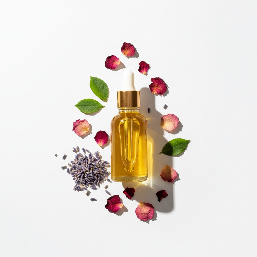 A dropper bottle with oil surrounded by dried rose petals and leaves and lavender buds. Isolated white background.