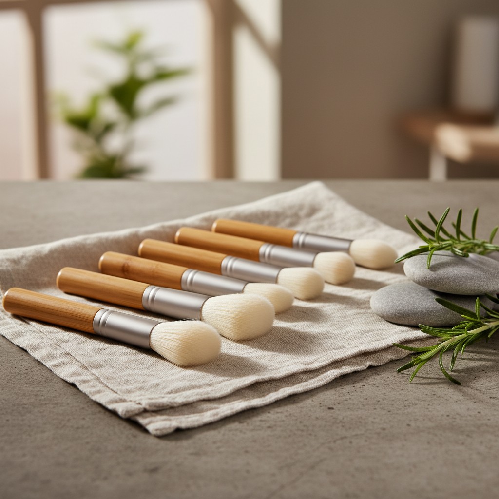 Photograph of soft, round-ended makeup brushes laid out across an off-white cloth, with an oven mitt placed nearby, and a ...