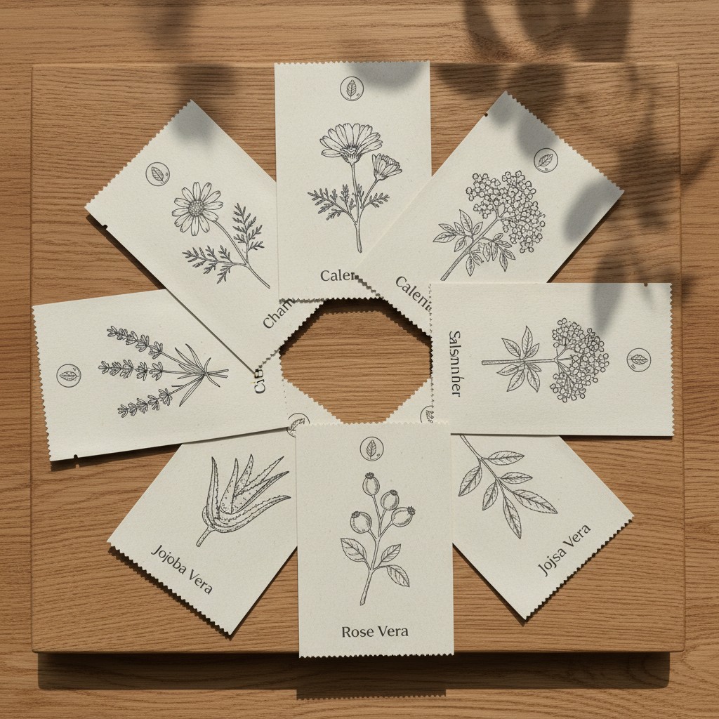 An arrangement of flower and plant images of different varieties on white cards along two flower-shaped cuts on a wooden s...