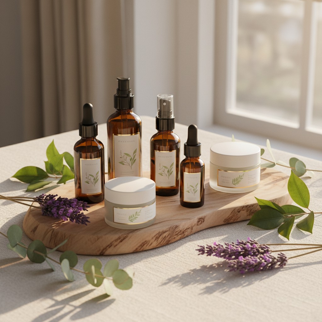 A collection of amber glass bottles and jars of various sizes, with white labels, all placed on a wooden board. The arrang...