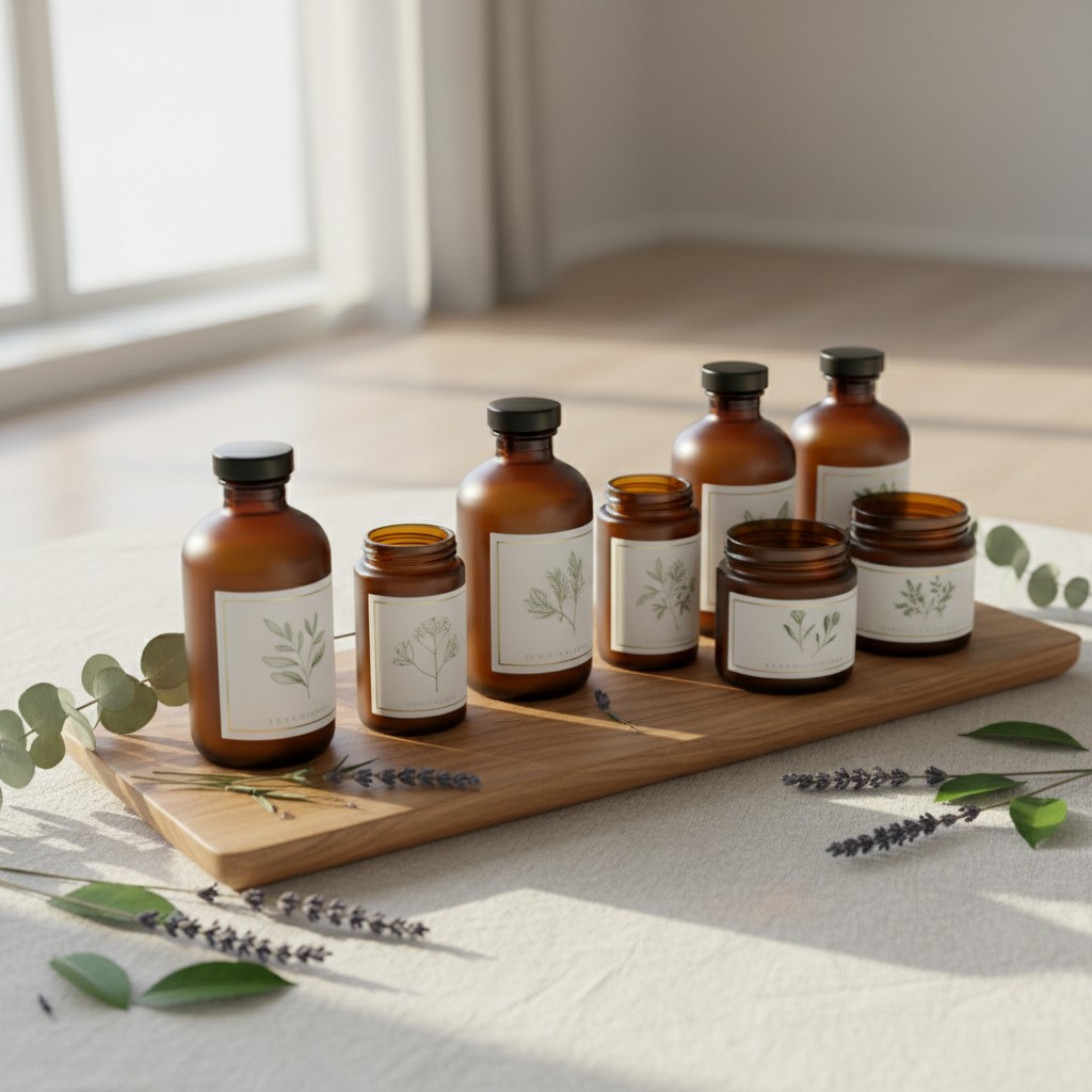 A collection of brown glass bottles with black lids, adorned with botanical labels, sit on a wooden board amidst a bed of ...